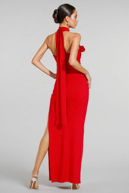 Emily Red Ruched Halter Maxi Dress