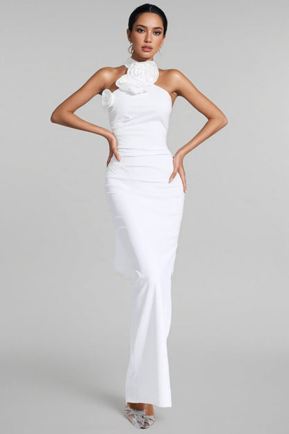 Hilia White Ruched Halter Maxi Dress