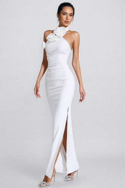 Hilia White Ruched Halter Maxi Dress