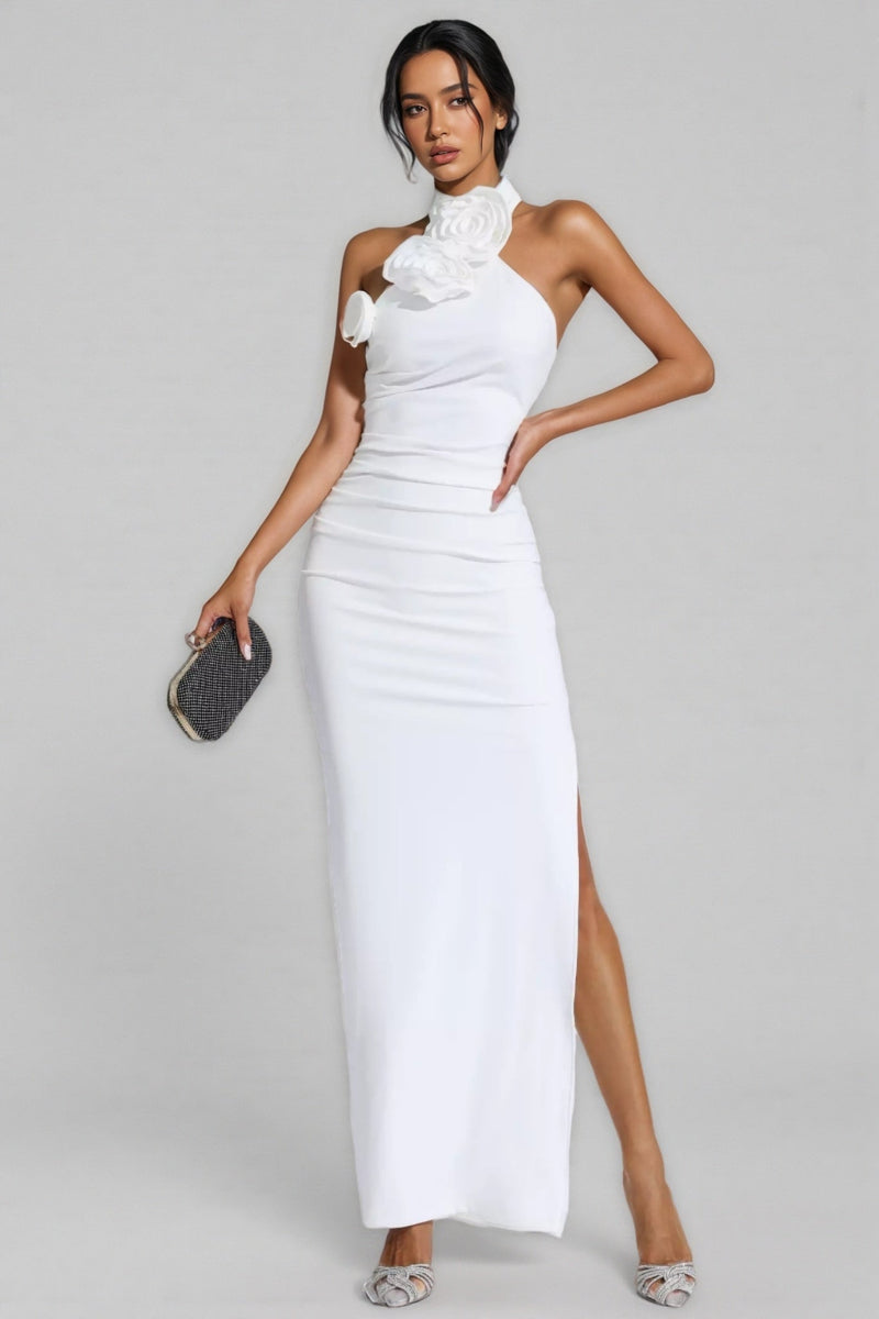 Hilia White Ruched Halter Maxi Dress