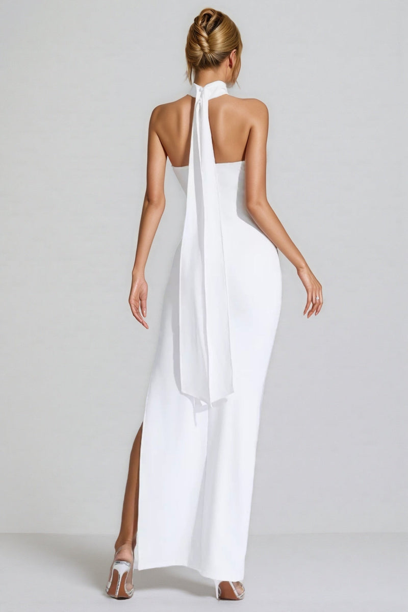 Hilia White Ruched Halter Maxi Dress