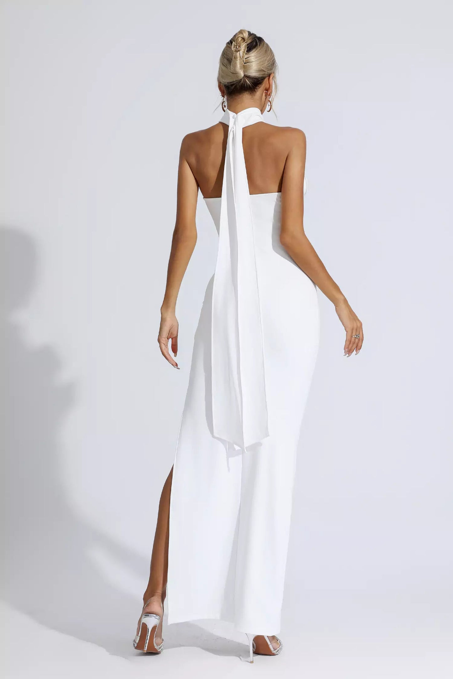Aylin White Ruched Halter Maxi Dress