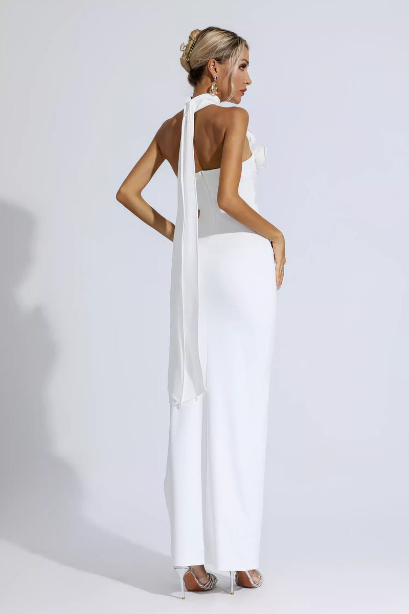 Aylin White Ruched Halter Maxi Dress