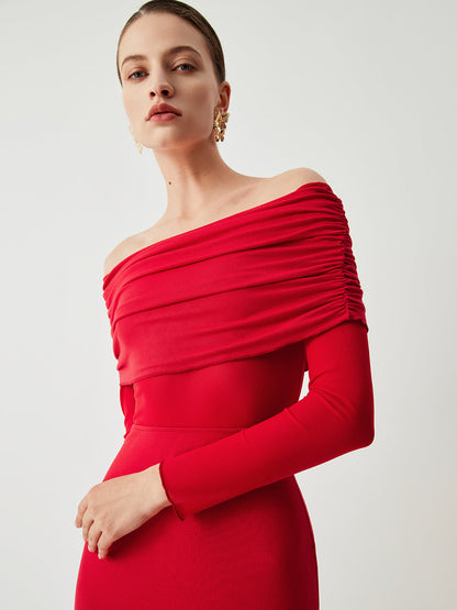 Abriella - Off-shoulder Overfold Mesh Maxi Dress