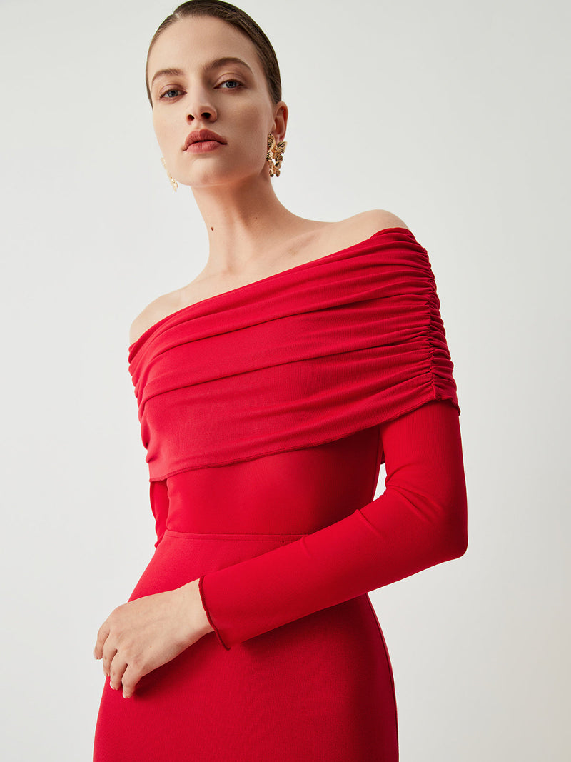 Abriella - Off-shoulder Overfold Mesh Maxi Dress