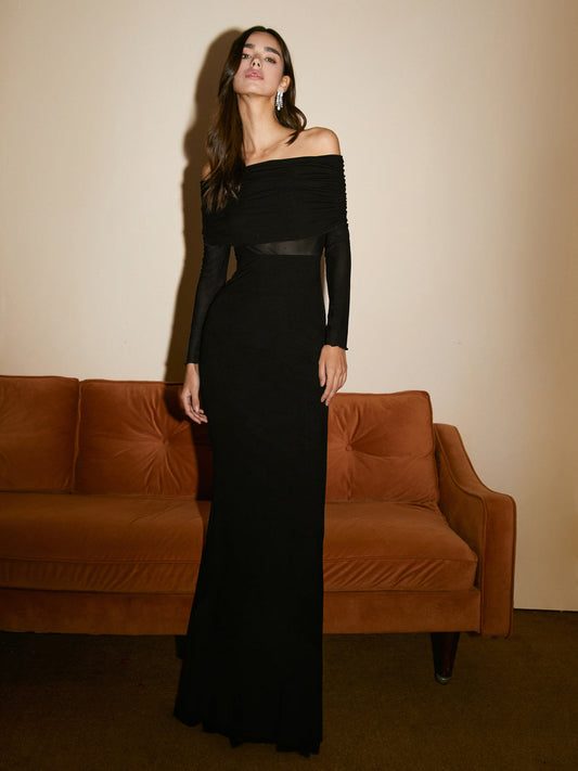 Abriella - Off-shoulder Overfold Mesh Maxi Dress