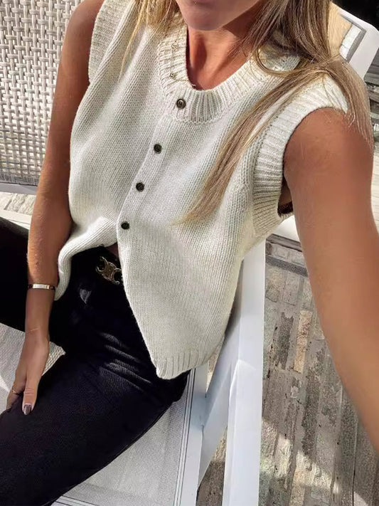 Willow Knit Vest - Button-front Sleeveless Cardigan