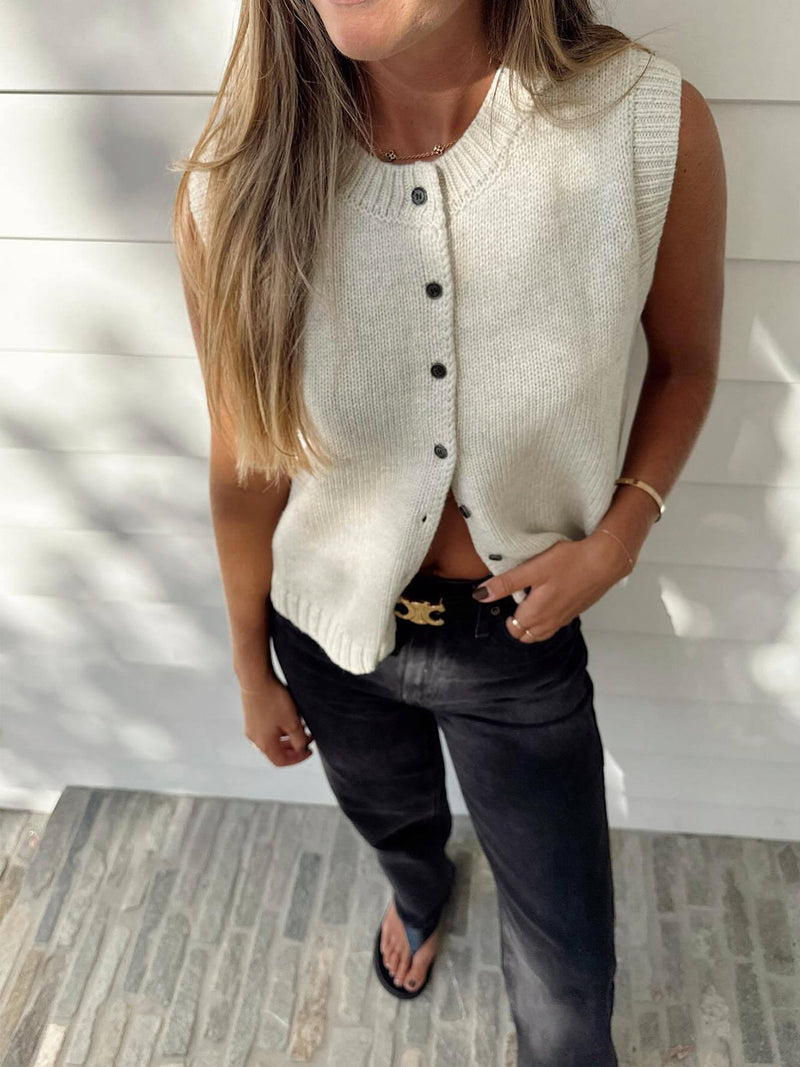Willow Knit Vest - Button-front Sleeveless Cardigan