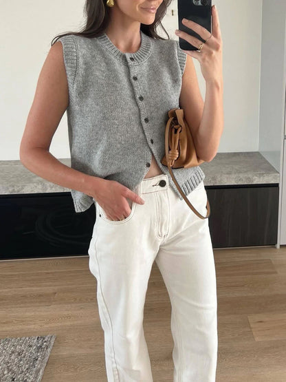 Willow Knit Vest - Button-front Sleeveless Cardigan