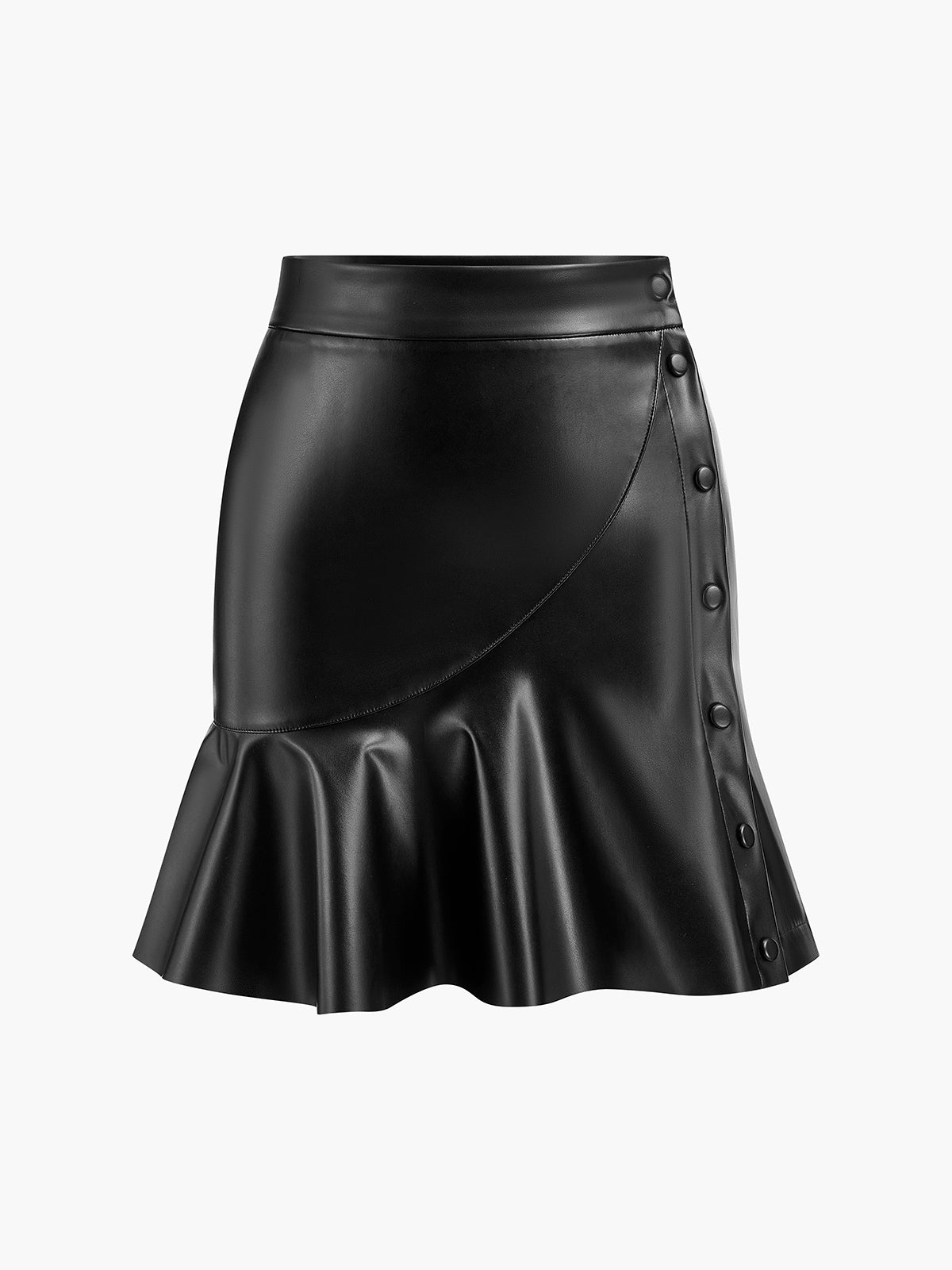 Ruffle Button Clasp Pu Leather Skirt