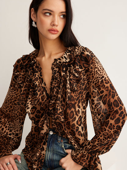 Dakota | ’s Summer Leopard Ruffle Neck Blouse