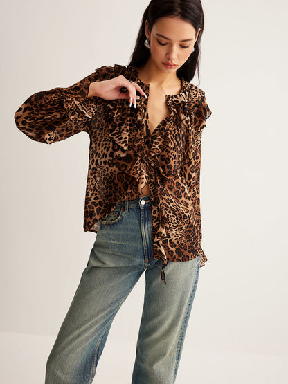 Dakota | ’s Summer Leopard Ruffle Neck Blouse