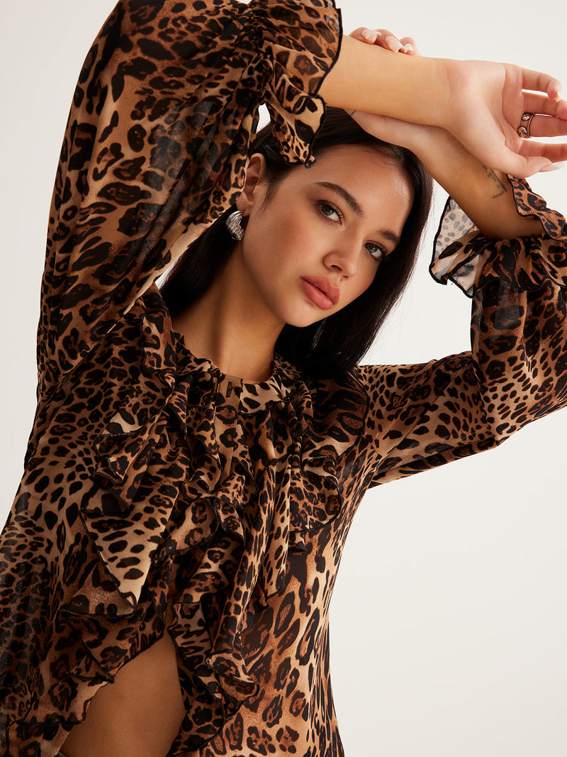 Dakota | ’s Summer Leopard Ruffle Neck Blouse