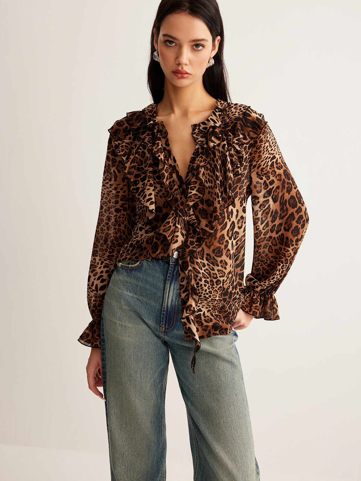 Dakota | ’s Summer Leopard Ruffle Neck Blouse