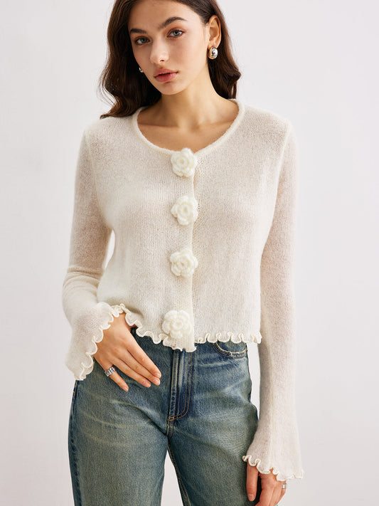 Wool-blend Lettuce Trim 3d Flower Cardigan