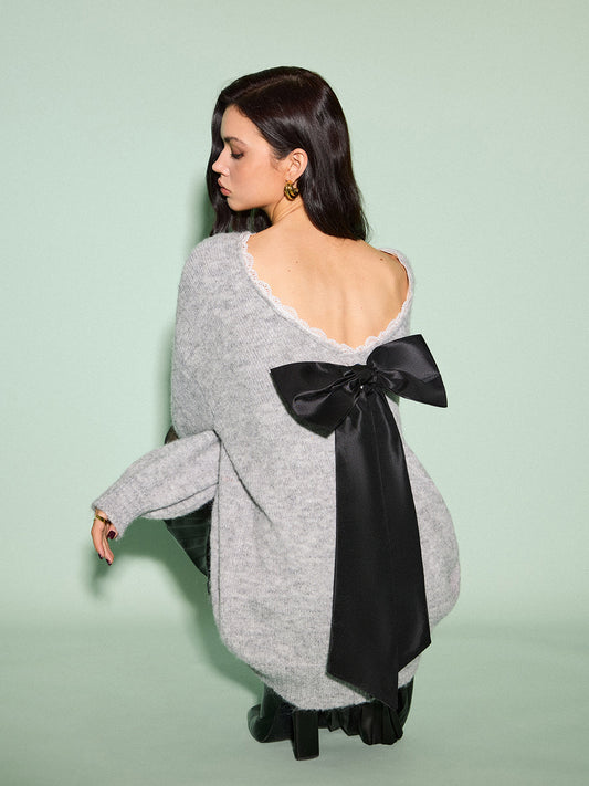 Lace Trim Bow-decor Draped Sweater