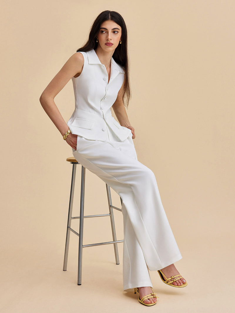 Pockets Buttoned Sleeveless Pants Set