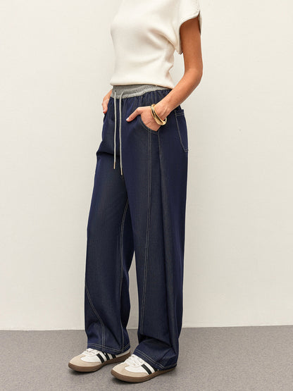 High-waist Drawstring Denim Pants With Pockets