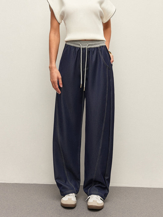 High-waist Drawstring Denim Pants With Pockets