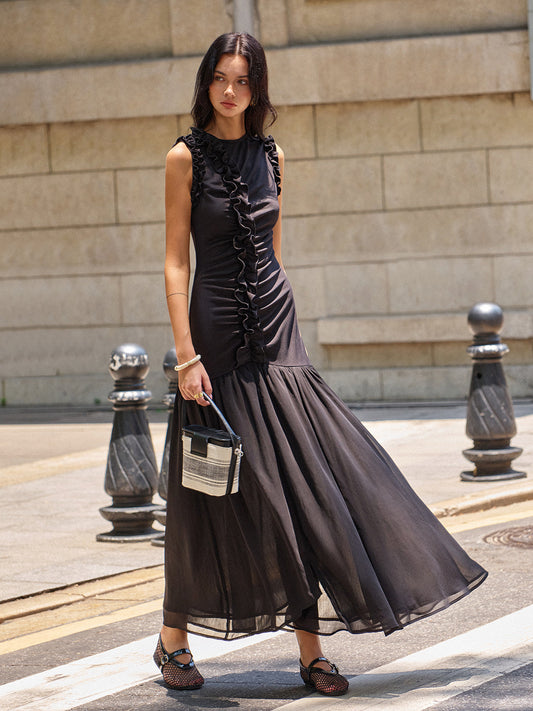 Ruffled Detail Ruched-front Maxi Dress
