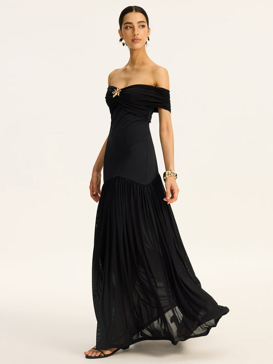Semi-sheer Off-shoulder Ruched Mesh-paneled Maxi Dress