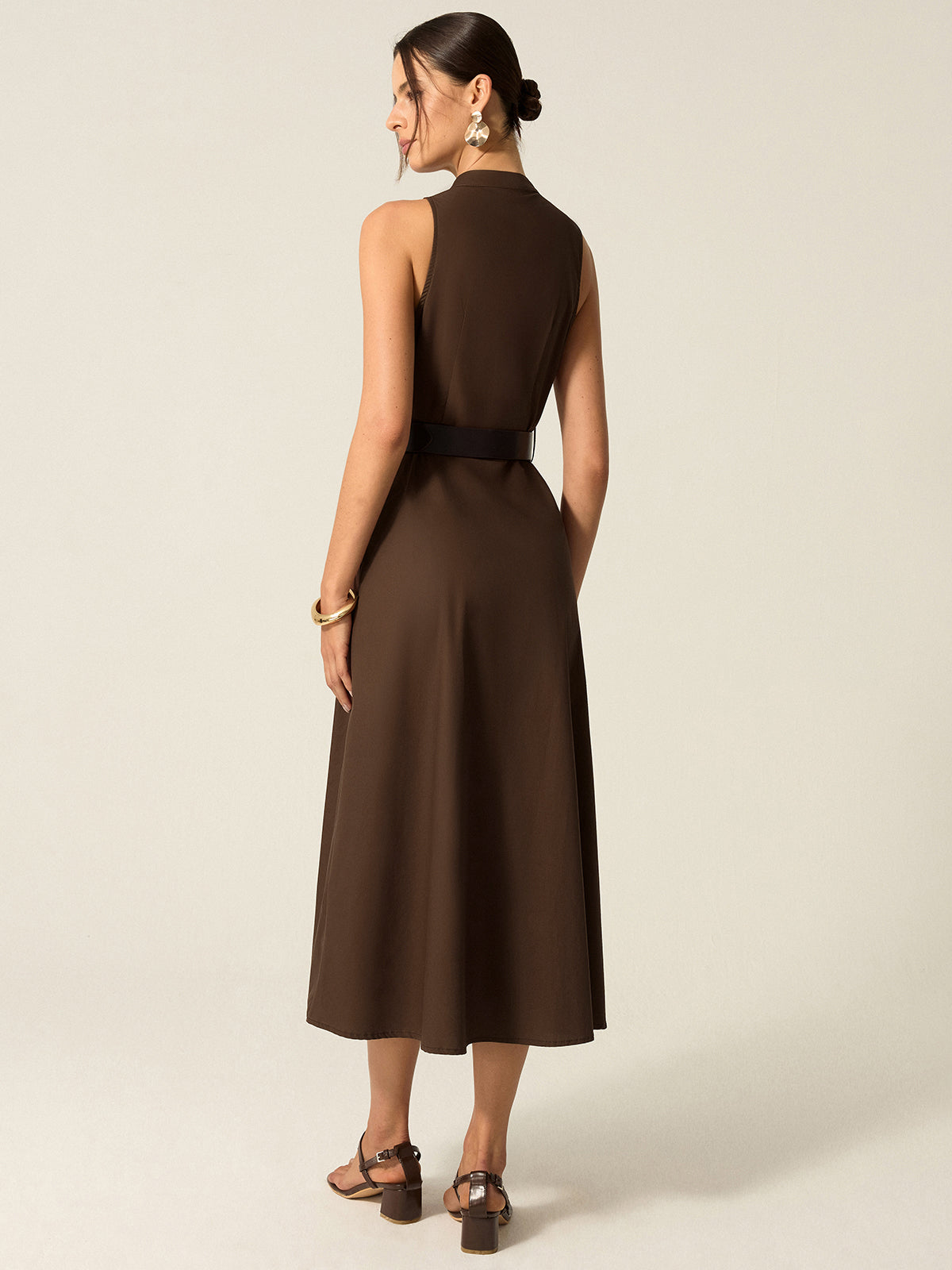 Belted Button-front Midi Dress