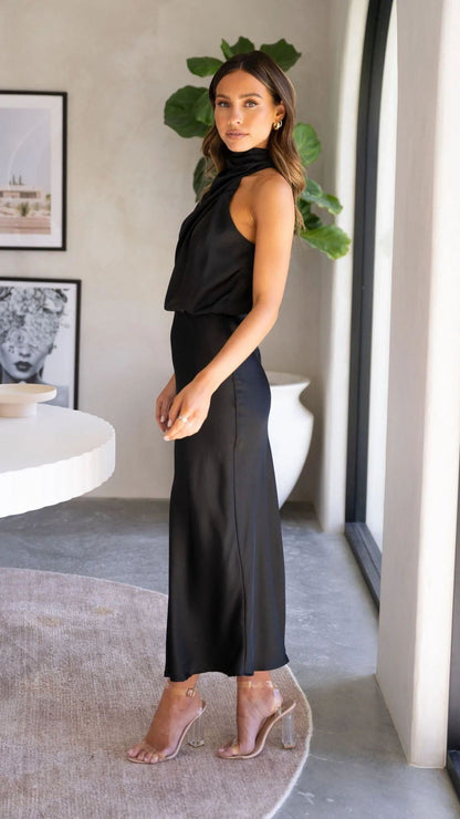 Curve Satin Ruched Halter Neck Maxi Dress in Orchid