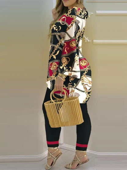 V Neck Chain Print Pants Set Ac2068