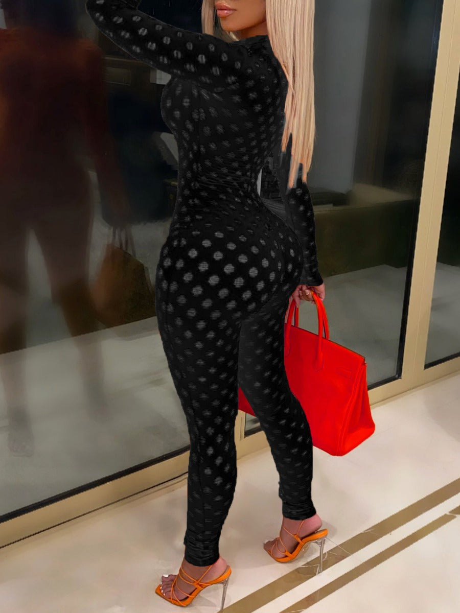 Sxy See Through Zipper Design Pierced Skinny Jumpsuit Bo2135