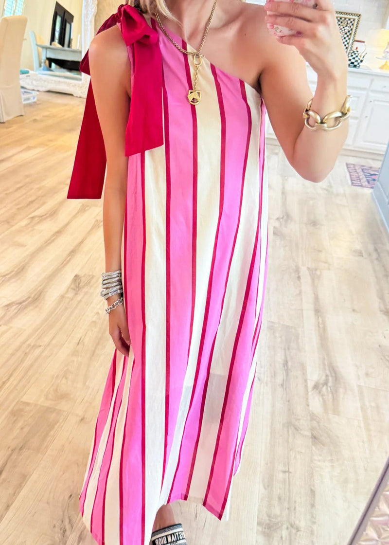 Cream and Pink Stripe Shoulder Tie Maxi Dress