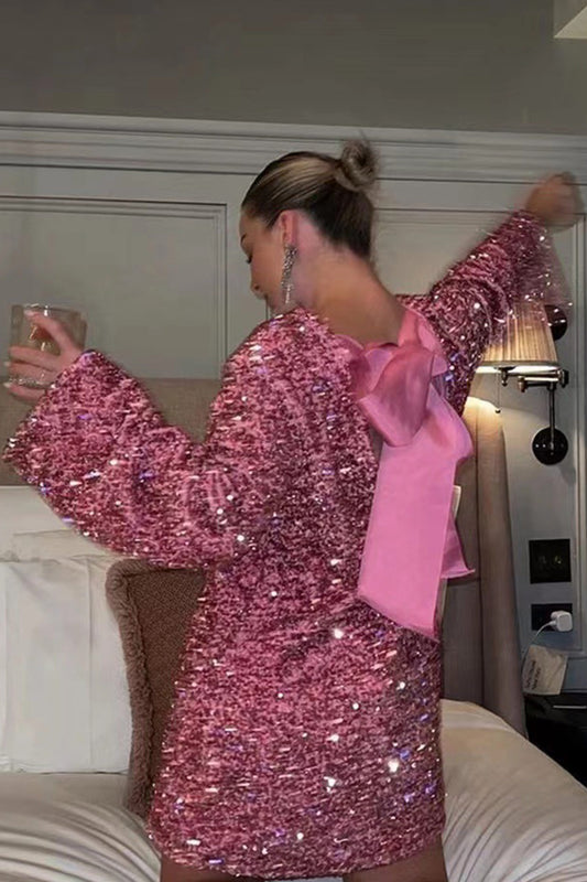 Back Bow Tie Sequin Mini Dress
