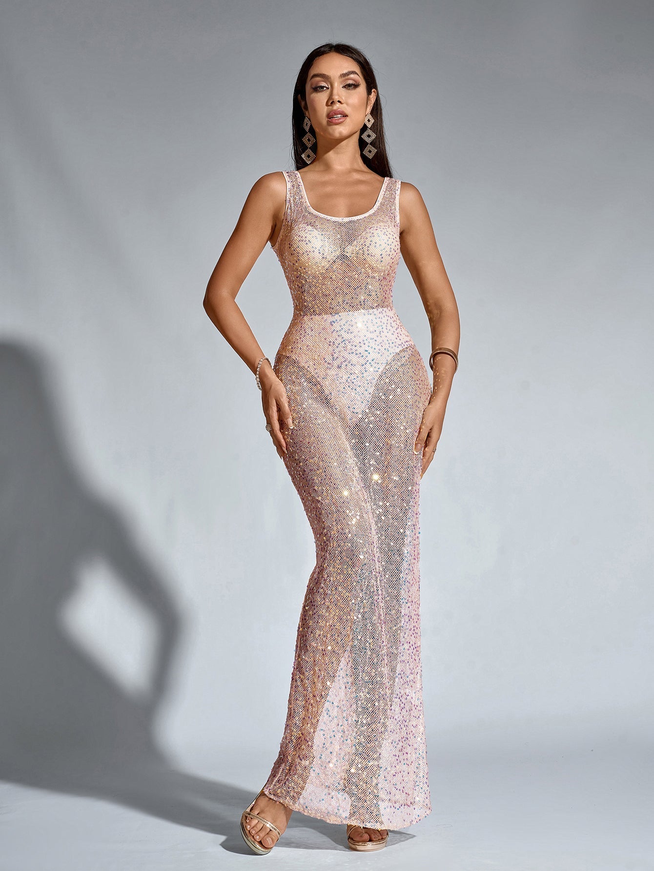 Backless Mesh Sequin Perspective Long Dress(including Underwear)