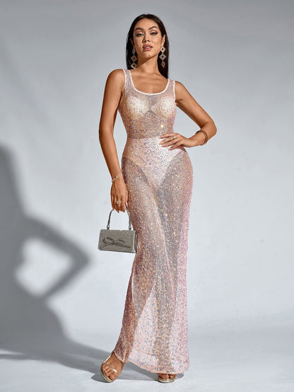 Backless Mesh Sequin Perspective Long Dress(including Underwear)