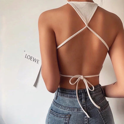 Backless Off Shoulder Lace-up Vest Clubwear Bodycon Summer Outwear White Camis Crop Top