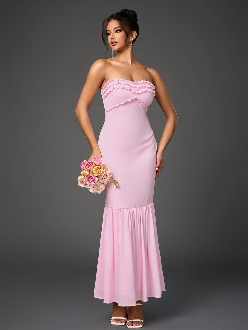 Backless Ruffle Trim Ruched Bodycon Tube Dress