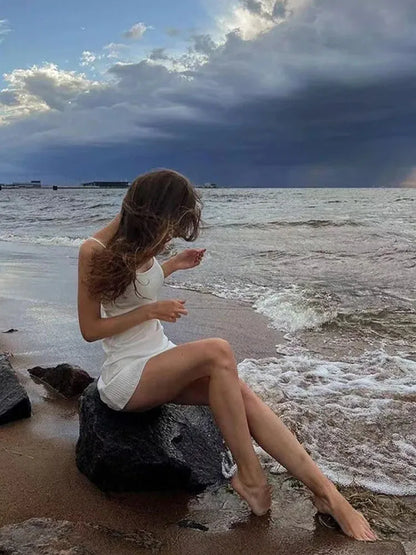 Basic Dress for White Spaghetti Strap Sleeveless a Line Mini Dresses Y2k Clothes 2000s Aesthetic Dress Beach Wear