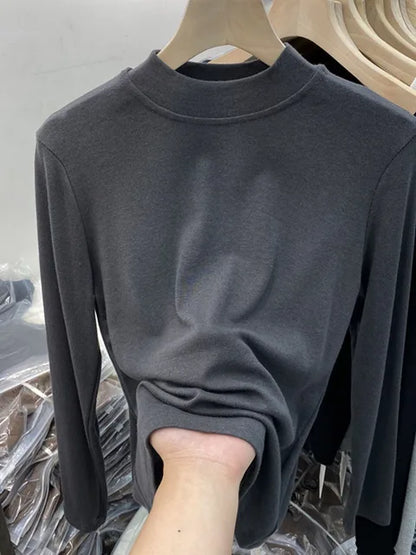 Basic Pure Cotton White T-shirt for Slim Top ’s Half Turtleneck Long Sleeve T-shirts