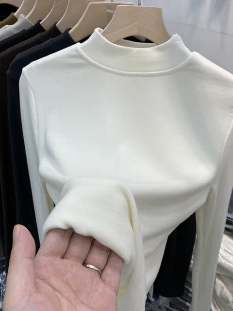 Basic Pure Cotton White T-shirt for Slim Top ’s Half Turtleneck Long Sleeve T-shirts