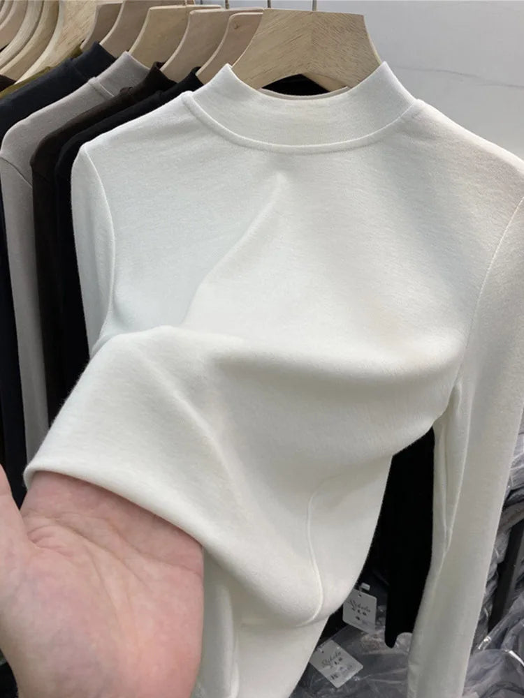 Basic Pure Cotton White T-shirt for Slim Top ’s Half Turtleneck Long Sleeve T-shirts