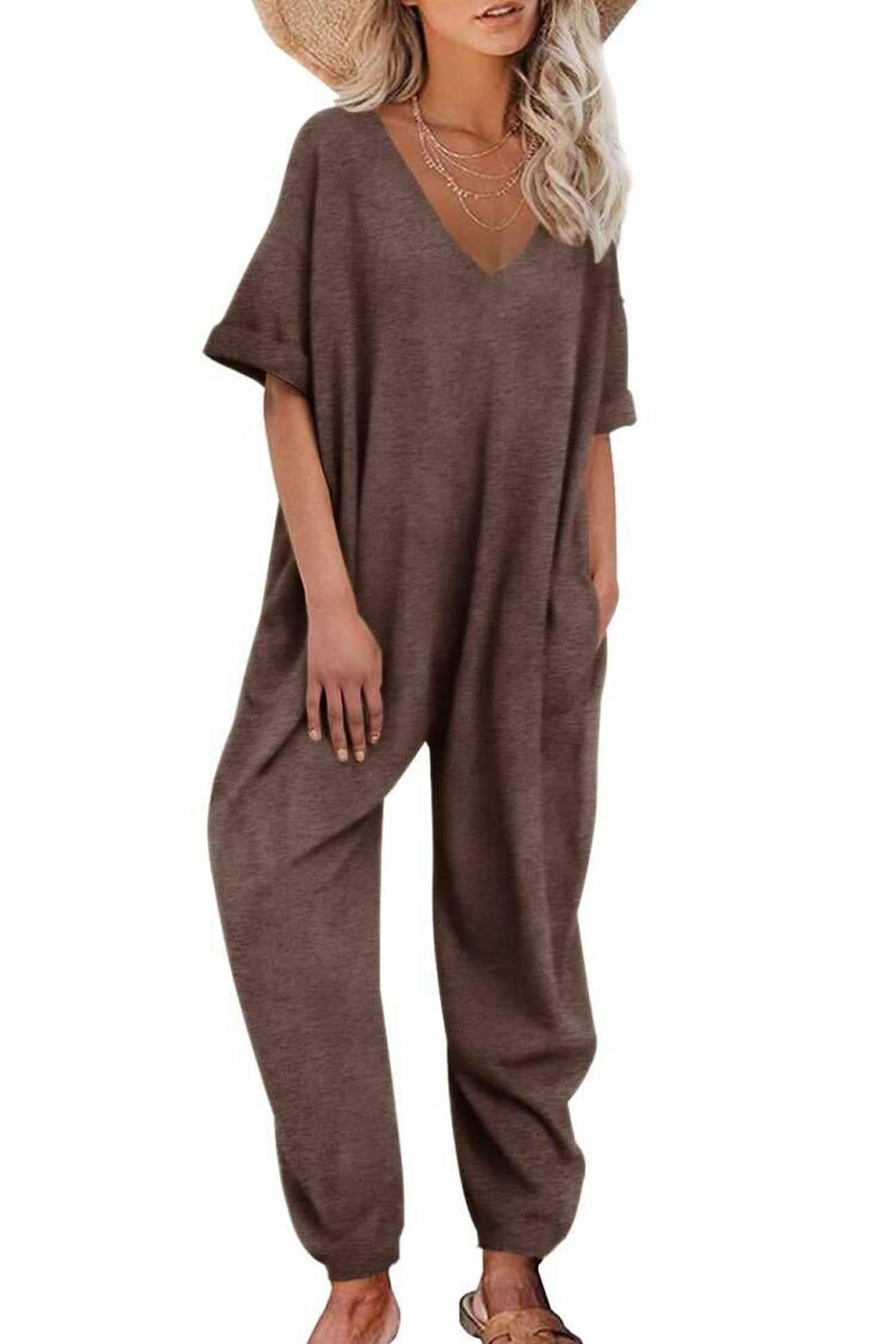 Cotton V Neck Loose Jumpsuits