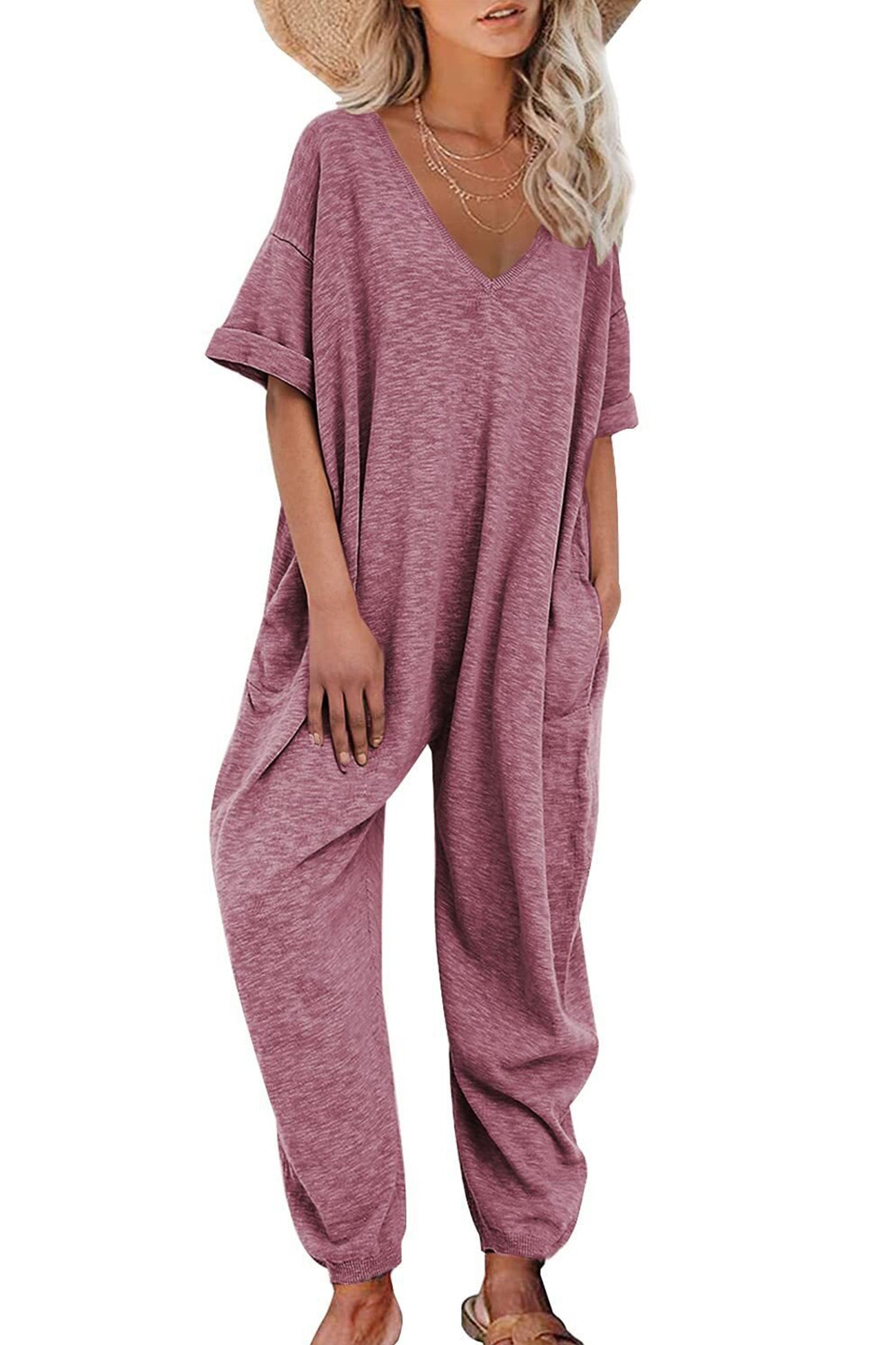Cotton V Neck Loose Jumpsuits