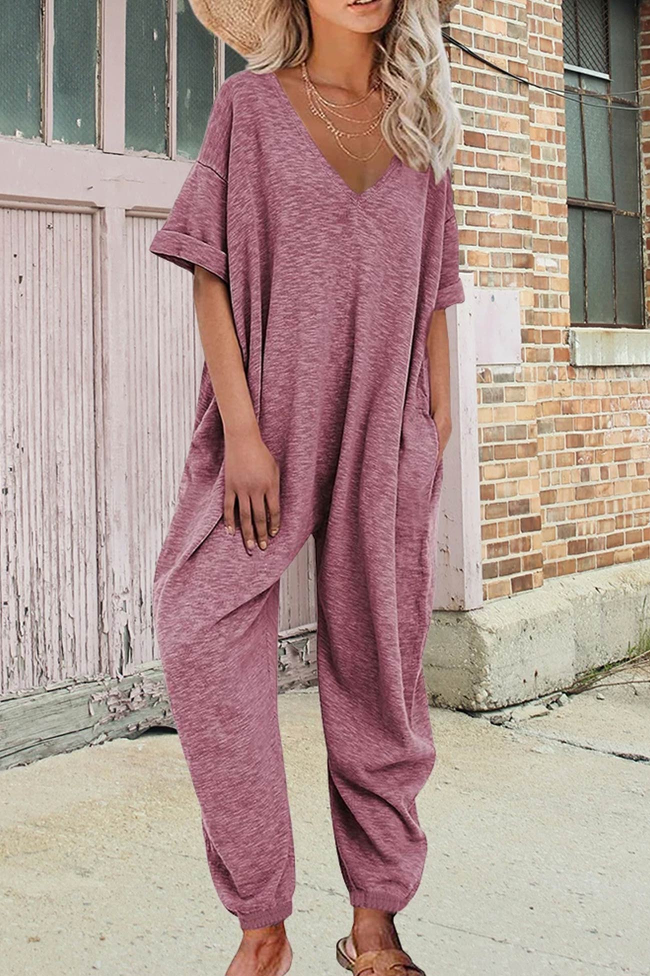 Cotton V Neck Loose Jumpsuits