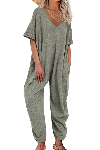 Cotton V Neck Loose Jumpsuits