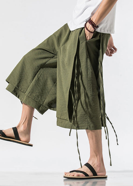 Beach Army Green Pockets Tie Waist Wide Leg Pants Yt023