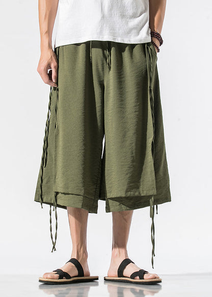 Beach Army Green Pockets Tie Waist Wide Leg Pants Yt023