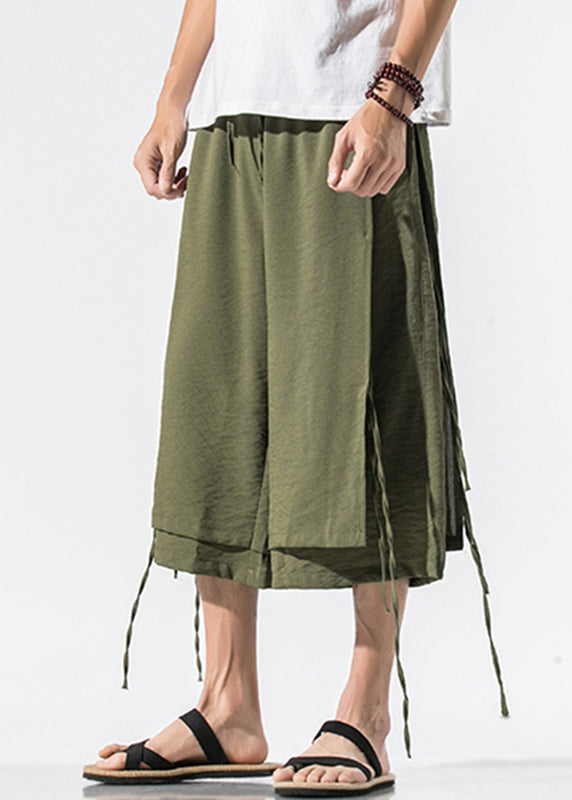 Beach Army Green Pockets Tie Waist Wide Leg Pants Yt023