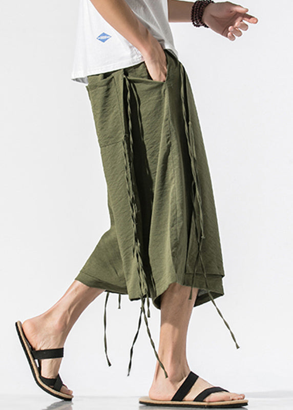 Beach Army Green Pockets Tie Waist Wide Leg Pants Yt023