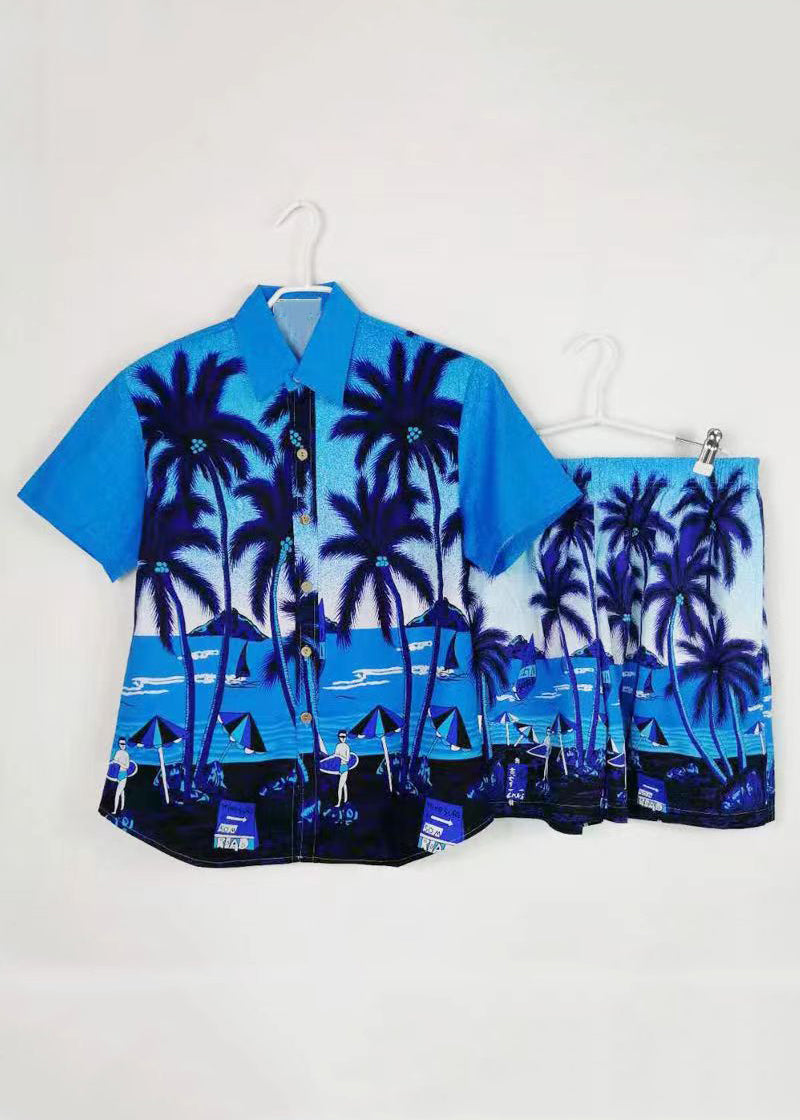 Beach Blue Button Print Shirt and Shorts Cotton Two Piece Set Short Sleeve Hg052