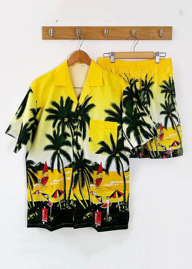 Beach Blue Button Print Shirt and Shorts Cotton Two Piece Set Short Sleeve Hg052