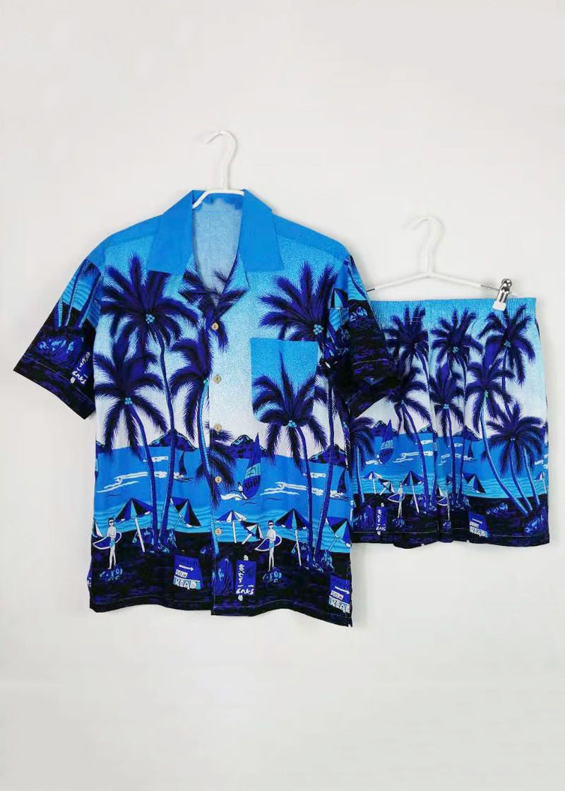 Beach Blue Button Print Shirt and Shorts Cotton Two Piece Set Short Sleeve Hg052